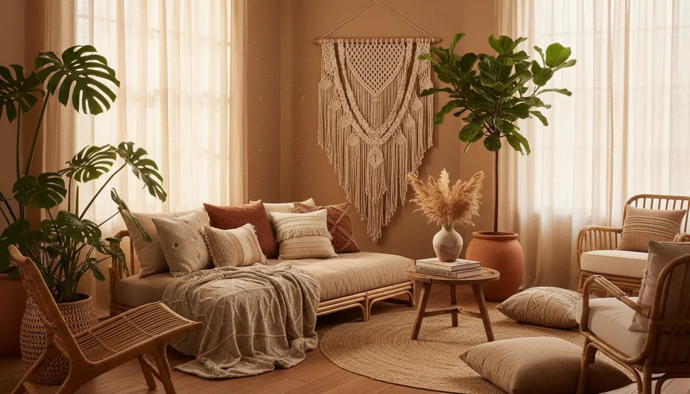 DecorAI AI Decoration App transforming a living room into a beautiful bohemian design with earthy colors, rattan furniture, and indoor plants