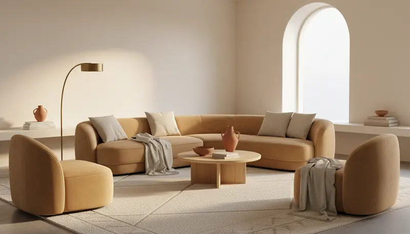 Warm minimalist living room with curved furniture